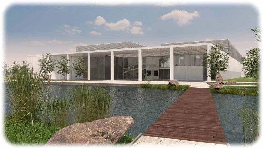 Vor der neuen Dialysator-Fabrik will B-Braun einen Entwässerungsgraben zu einem künstlichen See mit Wasserfällen anstauen. Entwurf: Architekturbüro „Neugebauer & Rösch“.