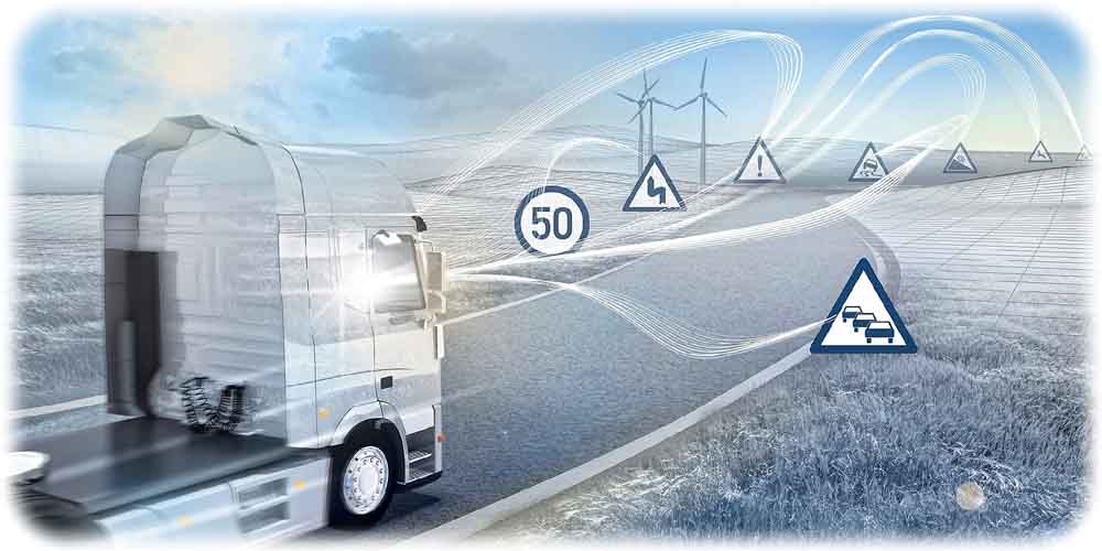 Der "elektronische Horizont" soll Lasterfahrern eine sparsame und vorausschauende Fahrweise ermöglichen. Änderungen der Beschilderung teilen die Laster per Cloud an andere Brummis weiter. Grafik: Bosch