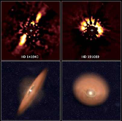 Die neu analysierten Hubble-Fotos ferner Sterne (oben) und die Visualisierung der Staubscheiben darunter. Abb.: NASA