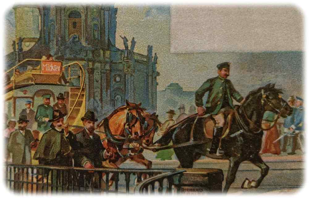 So stellte sich Zeichner Richard Bolbe eine Pferdebahnfahrt über die Augustusbrücke um 1890 vor. Bis zur Brückemmitte führte ein Reiter das Gespann der gelben Bahn an. Repro aus: Straßenbahnen in Dresden