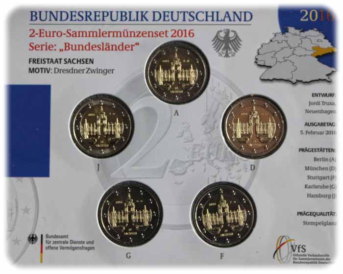 Blister der 2-Euro-Gedenkmünze mit den Ausgaben der fünf deutschen Münzprägestätten. Foto: Peter Weckbrodt