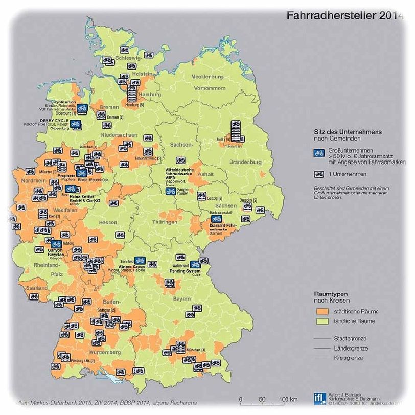 Die Verteilung der Fahrradhersteller in Deutschland. Die verbliebenen neun Großproduzenten sitzen vor allem in kleinen Städten, die vielen kleinen Spezialschmieden dagegen eher in Ballungsräumen. Karte: IfL Leipzig
