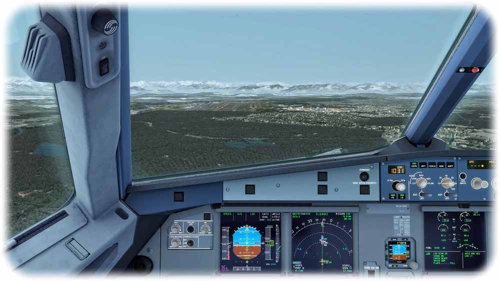 Anflug auf Mailand-Malpensa im Flugsimulator mit einem spektakulären Blick auf die Berge. Abb.: Bildschirmfoto