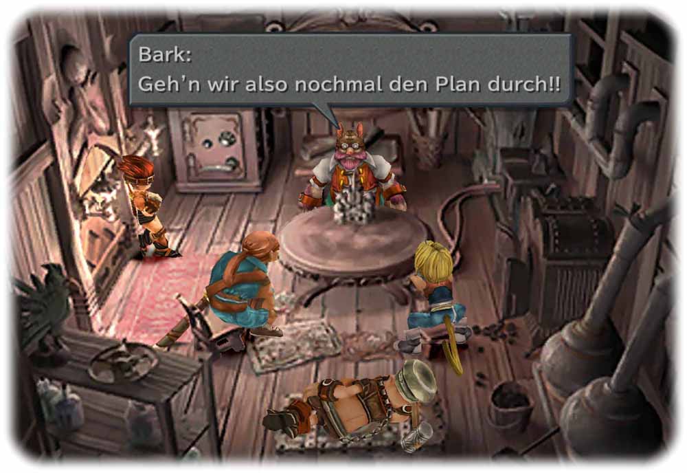 Die Räuberbande plant im Flugschiff die Entführung der Prinzessin. Der Spielgrafik sieht man die 16 Jahre an. Abb.: Bildschirmfoto