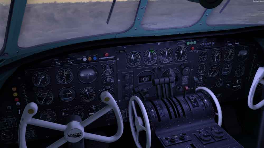 Über jeden Zweifel erhaben ist die Umsetzung des klassischen, analogen Cockpits der „Connie“. Ein wahrer Augenschmaus. Bildschirmfoto (Jan Gütter) aus: Captain of the Ship 049 Constellation. A2A