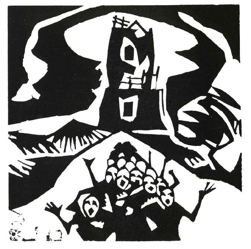 Stanisław Kubicki von der polnischen Künstlergruppe "Bunt" assoziierte in seinem Linolschnitt "Der Turmbau zu Babel II"  biblische Motive mit dem großen Völkerkrieg Anfang der 20. Jahrhunderts. Repro: Museen Dresden