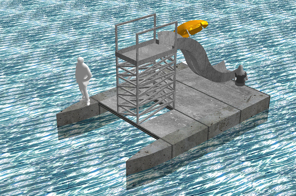 Das 3D-Modell des Betonboots mit Rutsche obendrauf. Abb.: Betonboot-Team der TUD