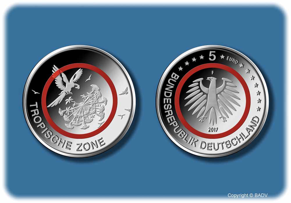 Mit einem roten Polymerring und dem Münzbild von Stefanie Radtke erscheint im April 2017 die 5-Euro-Sammlermünze "Tropische Zone". Künstlerin: Stafanie Radtke, Fotograf: Hans Joachim Wuthenow, BADV