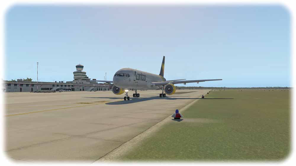 Die 757 in Tegel. Abb.: Bildschirmfoto (Jan Gütter) aus: X-Plane 11