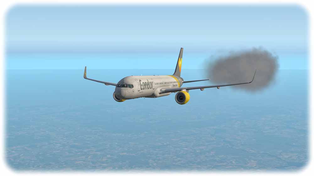 Kondensstreifen oder Brand an Bord? Abb.: Bildschirmfoto (Jan Gütter) aus: X-Plane 11