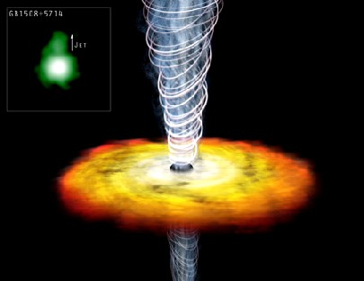 Bei kosmischen Plasma-Strömen, - hier eine Visualisierung des Quasars GB1508+5714 - enstehen oft Kelvin-Helmholtz-Instabilitäten. Foto: NASA, Weiss