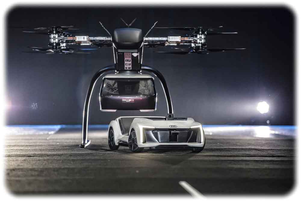 Auf der "Drone Week" in Amsterdam haben Audi, Airbus und Italdesign demonstriert, wie fliegende und autonom fahrende Taxis künftig Passagiere transportieren sollen. Allerdings funktioniert das mit Drohne udn Elektroauto erst mal nur im 1:4-Modell. Foto: Audi AG
