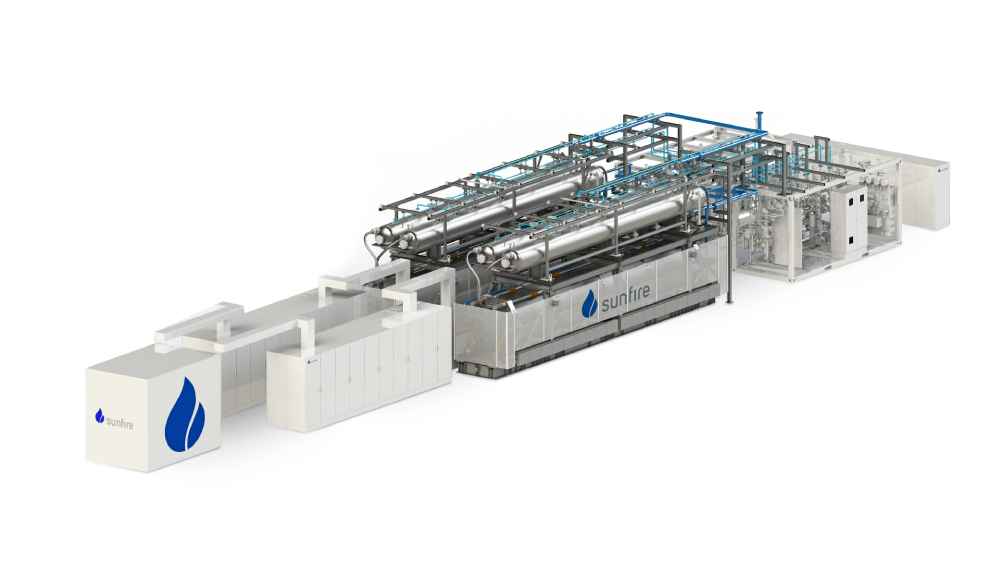 Fünf solcher 10-Megawatt-Elektrolyse-Module will Sunfire in Finnland für die Wasserstoff-Produktion bündeln. Visualisierung: Sunfire