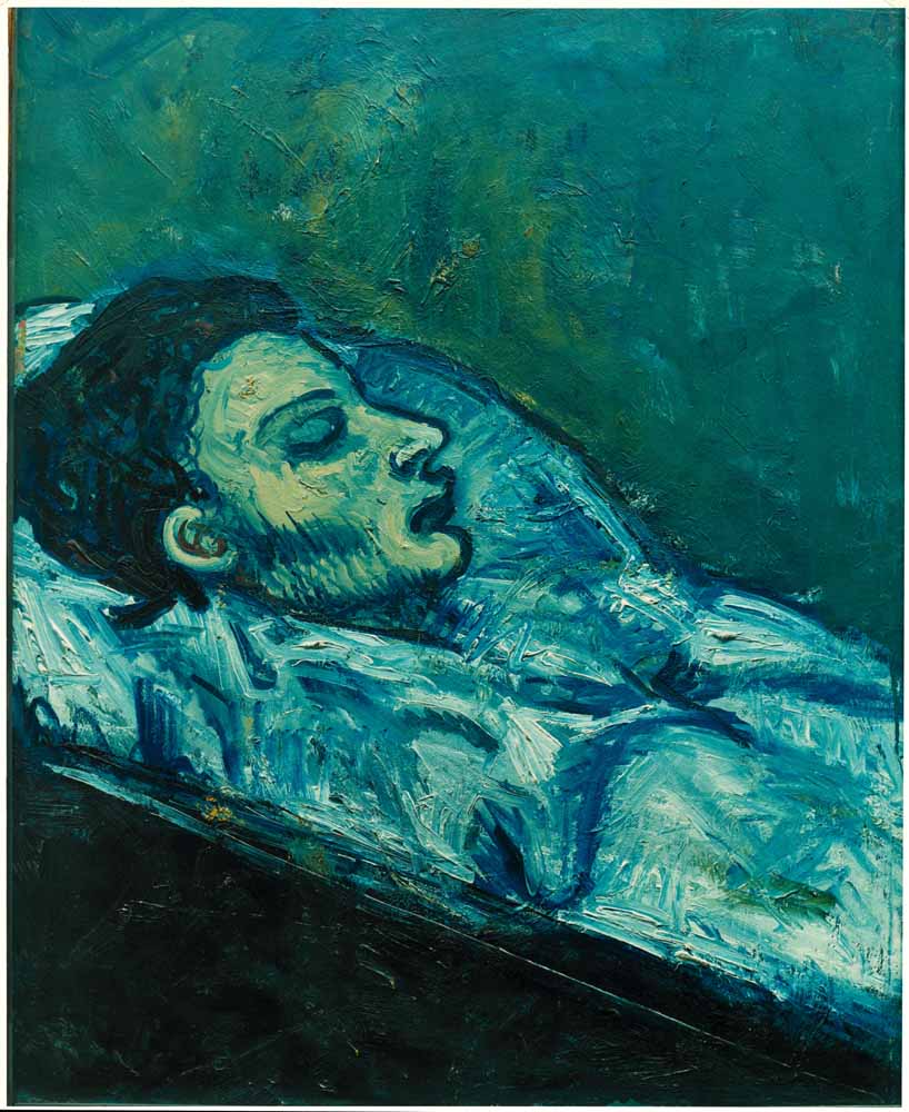 In "Casagemas in seinem Sarg" hat Picasso während seiner "baluen Periode" den Suizid seines Freudes im Jahr 1901 zu verarbeiten versucht. Repro: Fondation et Collection Weinberg, Absolut Medien, keine Wiederverwendung