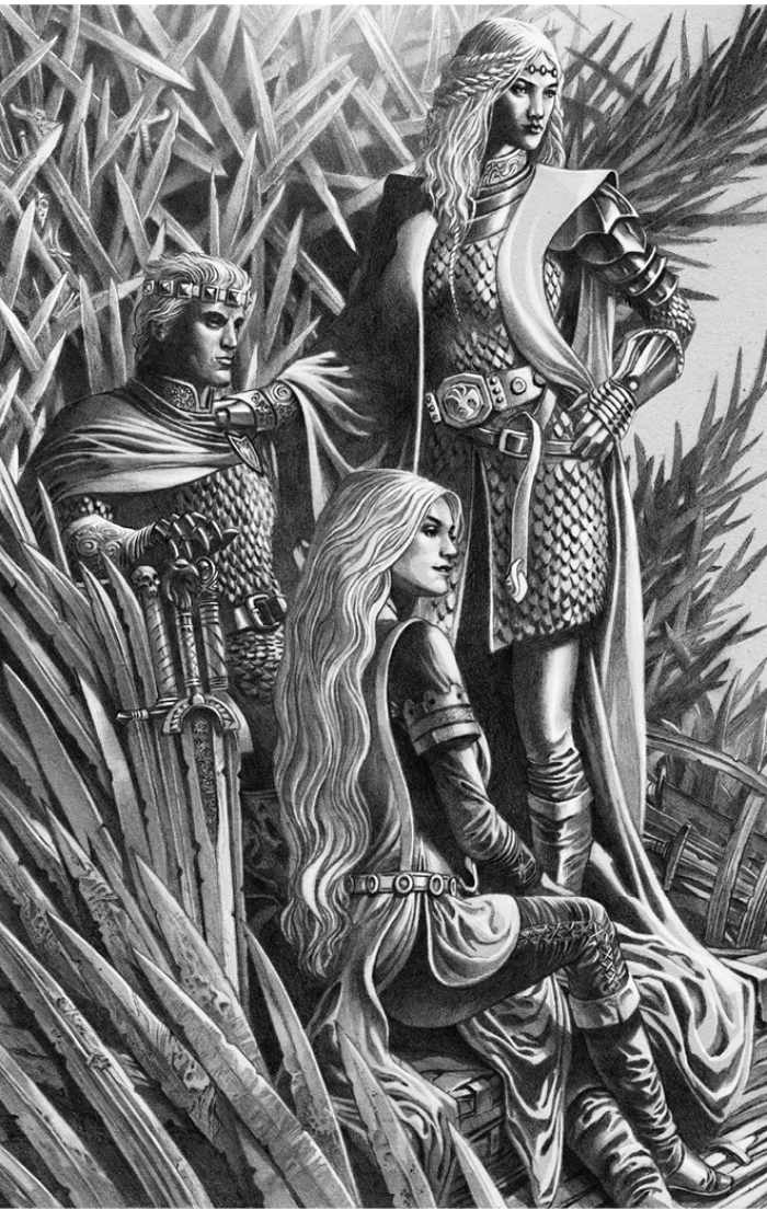 Aegon Targaryen und seine Schwesterngemahlinnen auf dem Eisernen Thron. Illustration aus: G. Marzin: Feuer und Blut