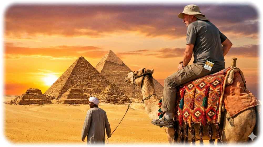 Tourist auf Kamel auf dem Weg zu Pyramiden in Ägypten und ausgerüstet mit einem Smartphone. Visualisierung: KI Gemini, Prompt: Heiko Weckbrodt