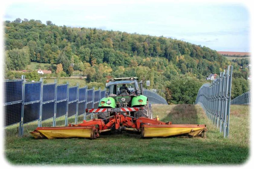 Ein Traktor mäht einen Feldstreifen zwischen zwei Reihen senkrechter Solarkollektoren. Foto: Next2Sun