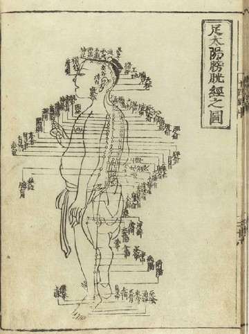 Fernöstliche Zeichnung von Hua Shou mit den "Meridianen", auf die sich die chinesische Akupunktur-Theorie stützt. Repro: Belrade18, Wikipedia, gemeinfrei