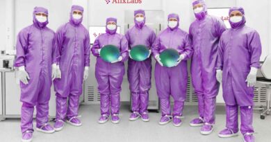 Alixlabs-Team in Reinraumanzügen mit Ätz-Spalt-Wafern, die sie per APS bearbeiten. Foto: Alixlabs