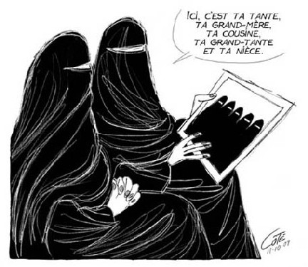 "Und hier deine Tante, deine Großmutter, deine Cousine..." Vor allem Karikaturen, die religiöse Themen wie hier die Burka-Pflicht aufs Korn nehmen, haben's zunehmend schwer. Abb.: Andre Philippe Cote, Absolut Medien