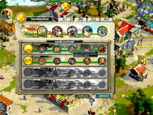 Im neuen Reiter "Meilensteine" kann man die Supertechnologie auswählen. Aus jeder Kultur darf man sich dann ein Tuning (per Mausklick hell markiert) aussuchen, das dann für alle Völker des Spielers gilt. Abb.: BSF