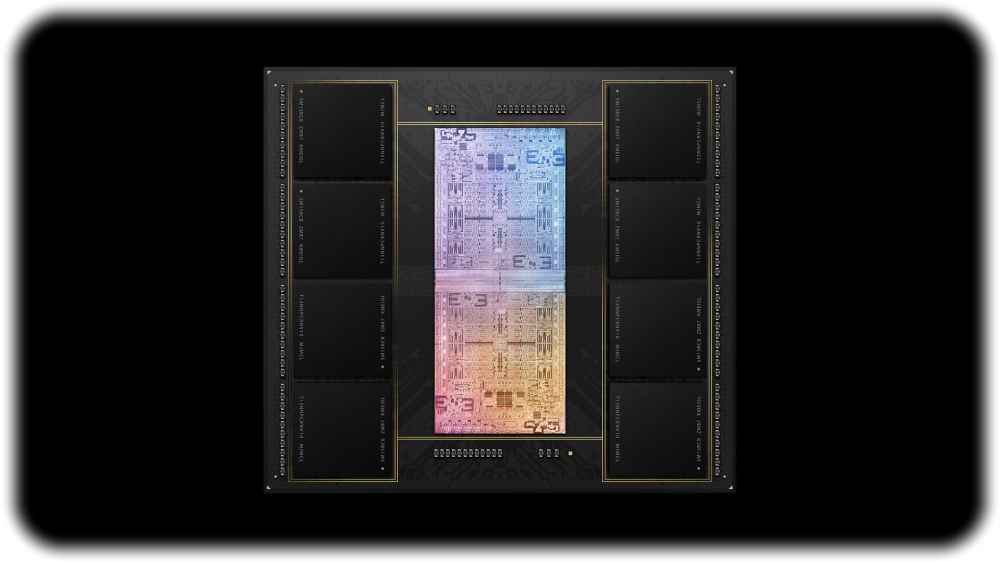 Für den Doppelprozessor M1 Ultra setzt Apple auf Chiplet-Technologien, bei denen zwei Chips durch sogenannte "Silizium-Interposer" fusioniert werden. Die Produktion übernimmt TSMC in einem 2,5D-Verfahren. Foto: Apple