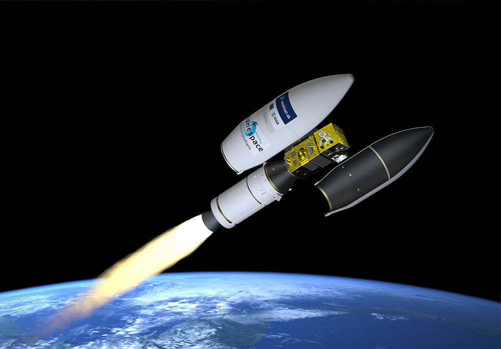Die künstlerische Visualisierung zeigt den Transport des Sentinel-2B-Satelliten in den Orbit. Visualisierung: ESA, Jacky Huart