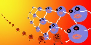 Eine Therie zur Supraleitung besagt, dass sich die Elektronen zu einer Art Team zusammentun, um einen Widerstandslosen Weg durchs Atomgitter zu finden. Abb.: hw