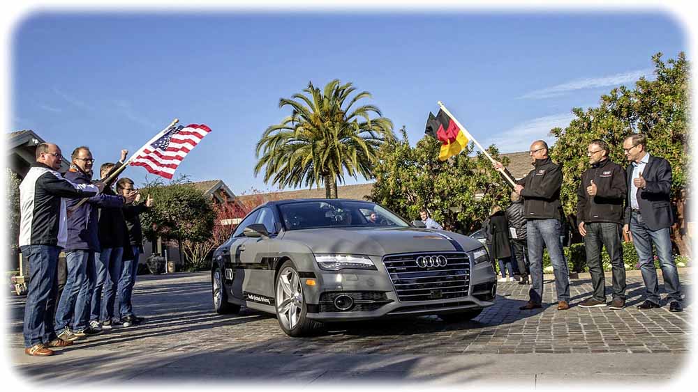 Der A7-"Erprobungsträger" für autonomes Fahren beim Start im Silicon Valley. Foto. Audi