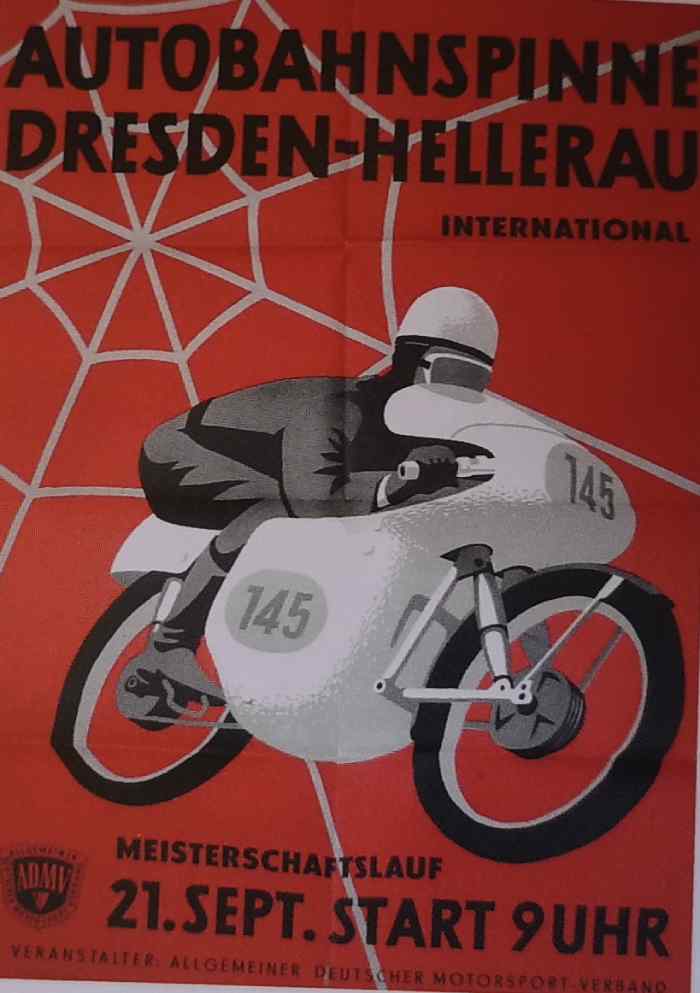 Litfaßsäulen-Werbung für das Rennen auf der Autobahnspinne im Jahr 1958. Repro (hw) aus: "Die Dresdner Autobahnspinne", Notschriften-Verlag