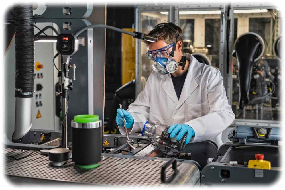 Ein Fraunhofer-Mitarbeiter gibt das Elektroden-Pulver in den Kalander-Walzenspalt an dert Prototypen-Anlage. Foto: Fraunhofer IWS Dresden