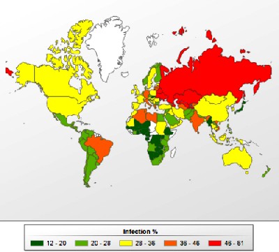 Bedrohungsatlas der weltweit am häufigsten attackierten Länder (rot bedeutet: hohes Risiko). Abb.: Kaspersky