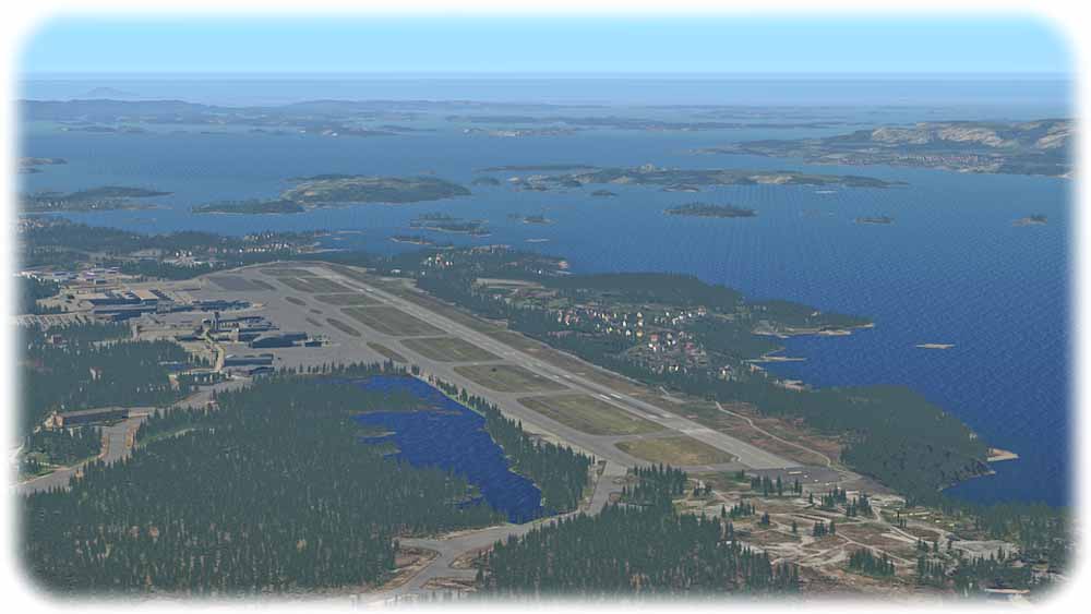 Malerischer Anflug inmitten dert Fjördlandschaft auf den Flughafen Bergen. Bildschirmfoto (Jan Gütter) aus: Aerosoft: Bergen