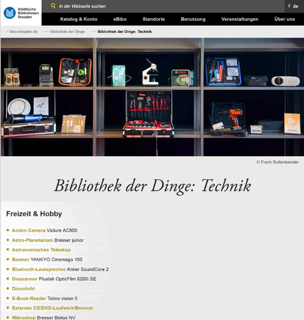 Bildschirmfoto (hw) von den Technikdingen, die die "Bibliothek der Dinge" in Dresden derzeit verleiht.