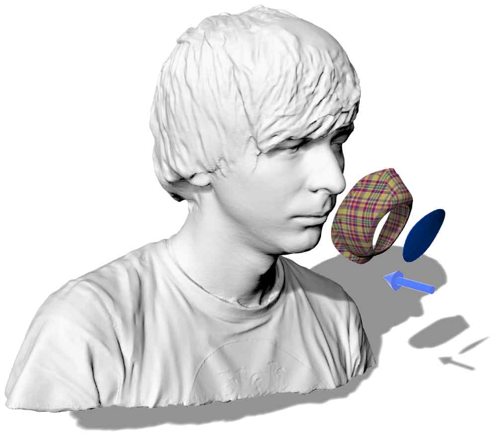 Die 3D-Visualisierung zeigt, wie sich die Textilforscher den Aufbau ihrer 3D-Masken für verschiedenegesichtsformen aus Grundkörper (kariert) und Wechselfiltermodul (blau) vorstellen. Grafik: STFI
