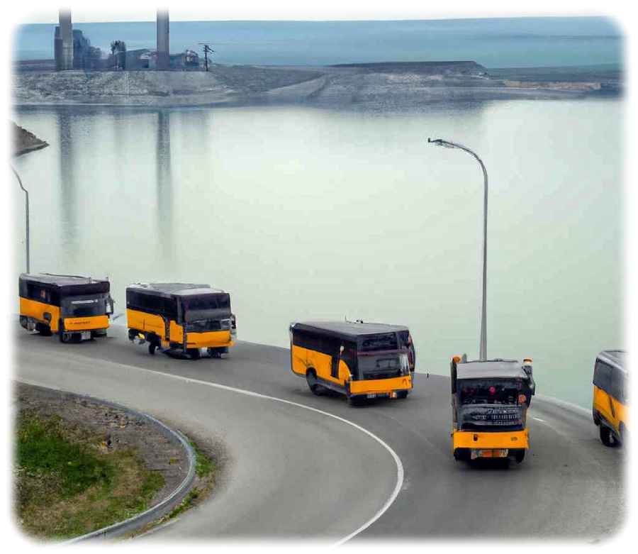 In ehemaligen Braunkohle-Revieren will der Landkreis Nordsachsen die automatische Kolonnenfahrt ("Platooning") von Bussen testen. Visualisierung: Dall-E