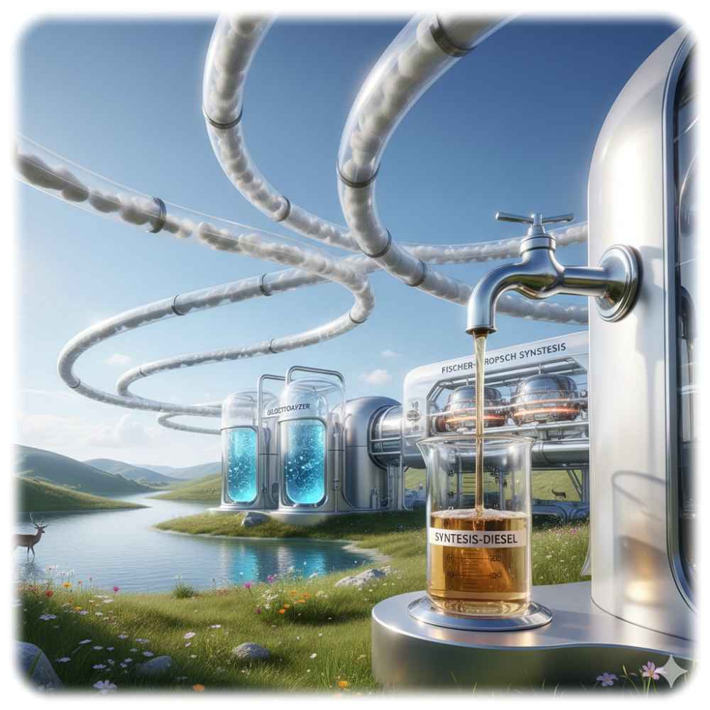 So stellt sich die KI Gemini eine idyllische Öko-Technologiekette vor, bei der Lufttrenner, Elektrolyseure und Syntheseanlagen kombiniert sind, um aus Luft, Wasser und Ökostrom Elektrodiesel zu erzeugen. Visualisierung: KI Gemini, Prompt: Heiko Weckbrodt