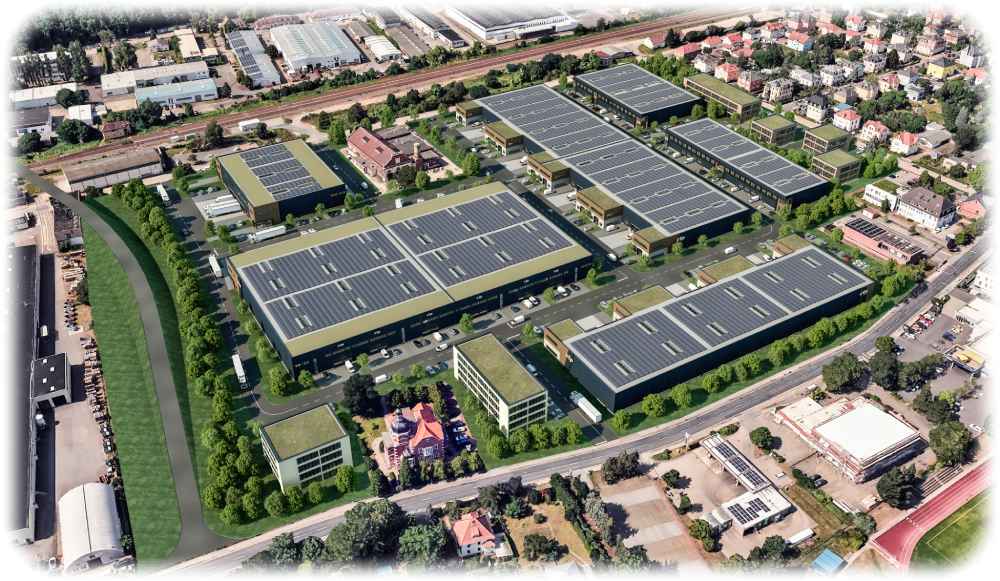 So stellt sich der Immobilienentwickler das künftige Gewerbegebiet "CTPark Dresden West" vor. Visualisierung: CTP Deutschland