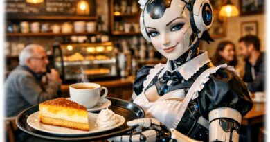 In Japan schon Alltag, in Europa eher exotisch: Roboter arbeiten in Restaurants und Cafés. Der Trend zum KI-Roboter sorgt nun für einen weltweiten Schub, meint die IFR. Visualisierung: KI ChatGPT, Prompt: Heiko Weckbrodt