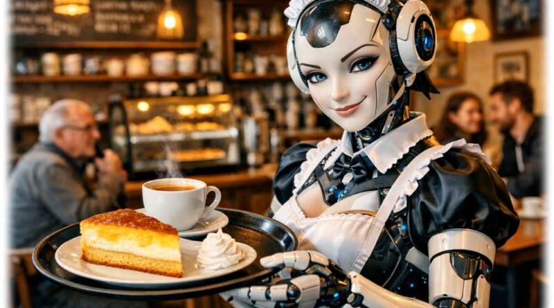 In Japan schon Alltag, in Europa eher exotisch: Roboter arbeiten in Restaurants und Cafés. Der Trend zum KI-Roboter sorgt nun für einen weltweiten Schub, meint die IFR. Visualisierung: KI ChatGPT, Prompt: Heiko Weckbrodt