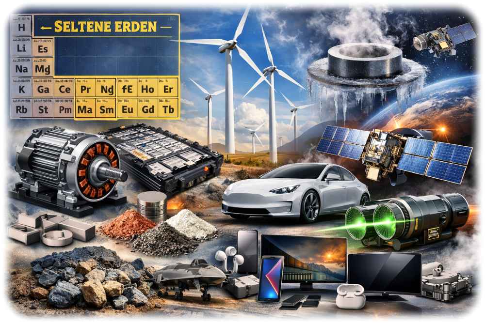 Seltene Erden werden für zahlreiche Technologiegüter benötigt. Allerdings lassen sich diese Abhängigkeiten durch Innovationen mindern, hat eine Epos-Studie gezeigt. Visualisierung: KI ChatGPT/Dall-E, Prompt: Heiko Weckbrodt