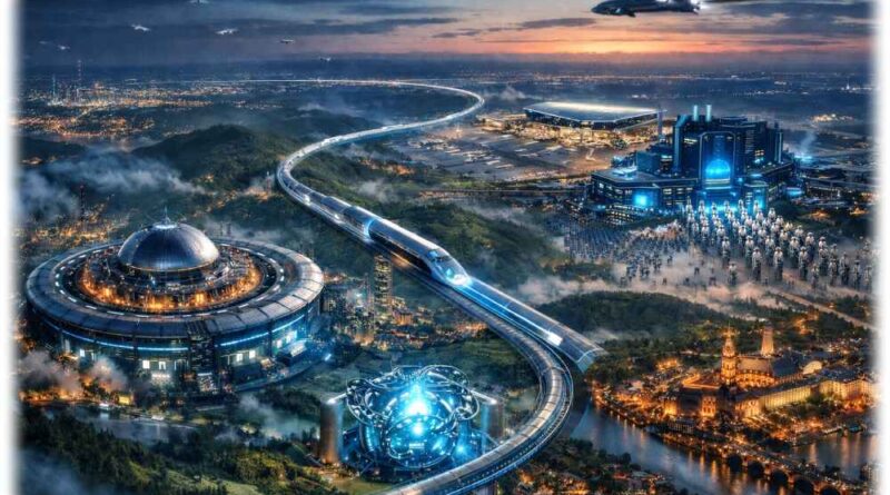 Große Zukunftsprojekte für Sachsen wurden bereits mehrere vorgeschlagen. Eine Hyperloop- oder Magnetschwebebahn nach Berlin und Prag könnte z. B. die Flughafenschwächen von Dresden ausgleichen. Auch will Sachsen im Wettlauf um die Kernfusion mitrennen. Und die wachsende Radiopharma-Branche wünscht sich teure Zyklotrone oder einen Kernreaktor... Visualisierung: KI ChatGPT, Prompt: Heiko Weckbrodt