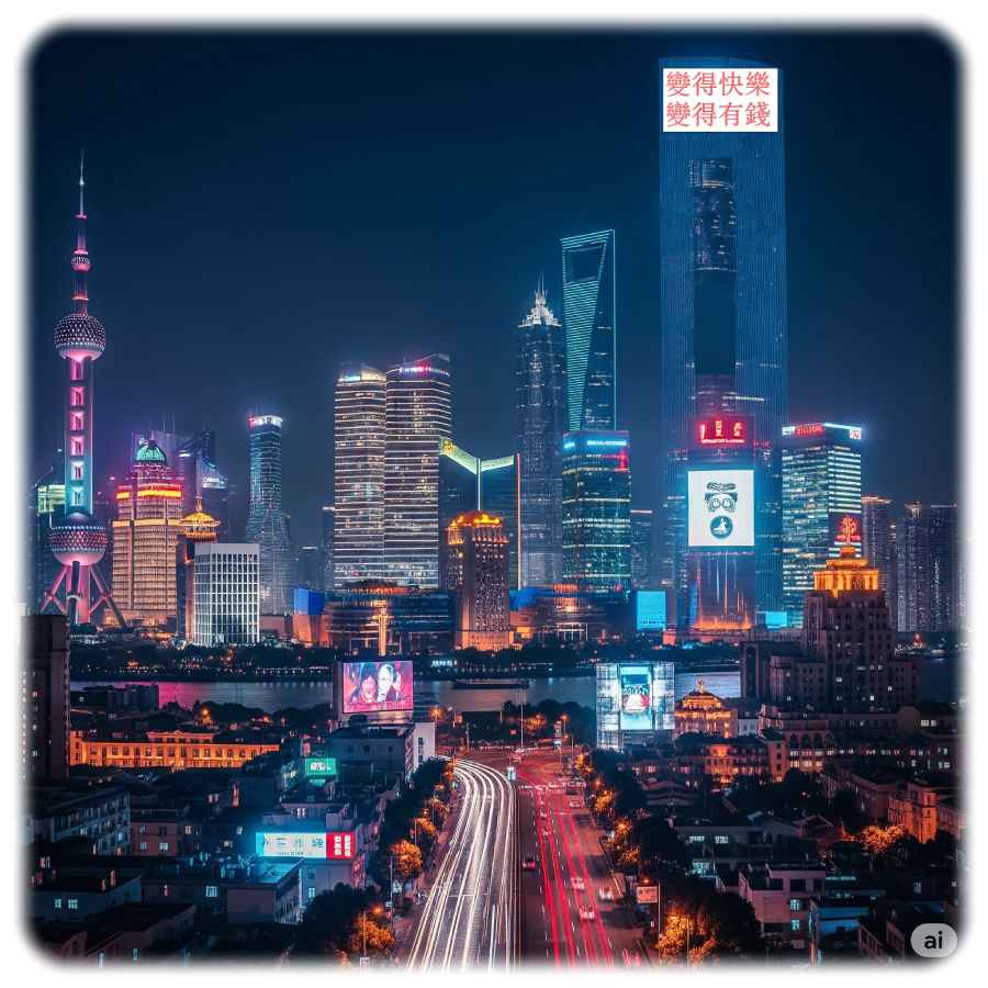 Die futuristische Silhouette von Chinas Boom-Metropole Shanghai in einer KI-Visualisierung. Bild: Gemini, Prompt und Nachbearbeitung: Heiko Weckbrodt