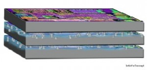 Visualisierung eines Computerchips mit integrierten Kühlökanälen. Abb.: DARPA