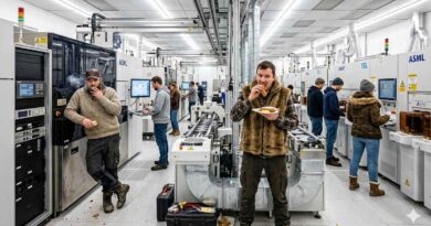 Bratwurstessen und Alltagskleidung in der Chipfabrik erscheint derzeit noch als Tabu-Bruch. Die Grundidee dahinter bewegt aber die Branche nicht erst seit Elon Musk: Dass künftig ein eher einfacher Reinraum reicht und die hochreine Chipproduktion selbst in den Maschinen eingekapselt wird. Visualisierung: KI Gemini, Prompt: Heiko Weckbrodt