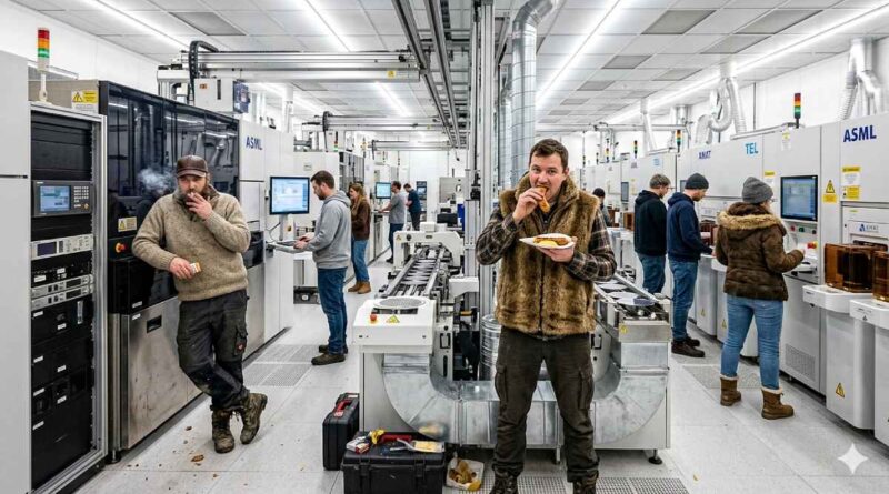 Bratwurstessen und Alltagskleidung in der Chipfabrik erscheint derzeit noch als Tabu-Bruch. Die Grundidee dahinter bewegt aber die Branche nicht erst seit Elon Musk: Dass künftig ein eher einfacher Reinraum reicht und die hochreine Chipproduktion selbst in den Maschinen eingekapselt wird. Visualisierung: KI Gemini, Prompt: Heiko Weckbrodt