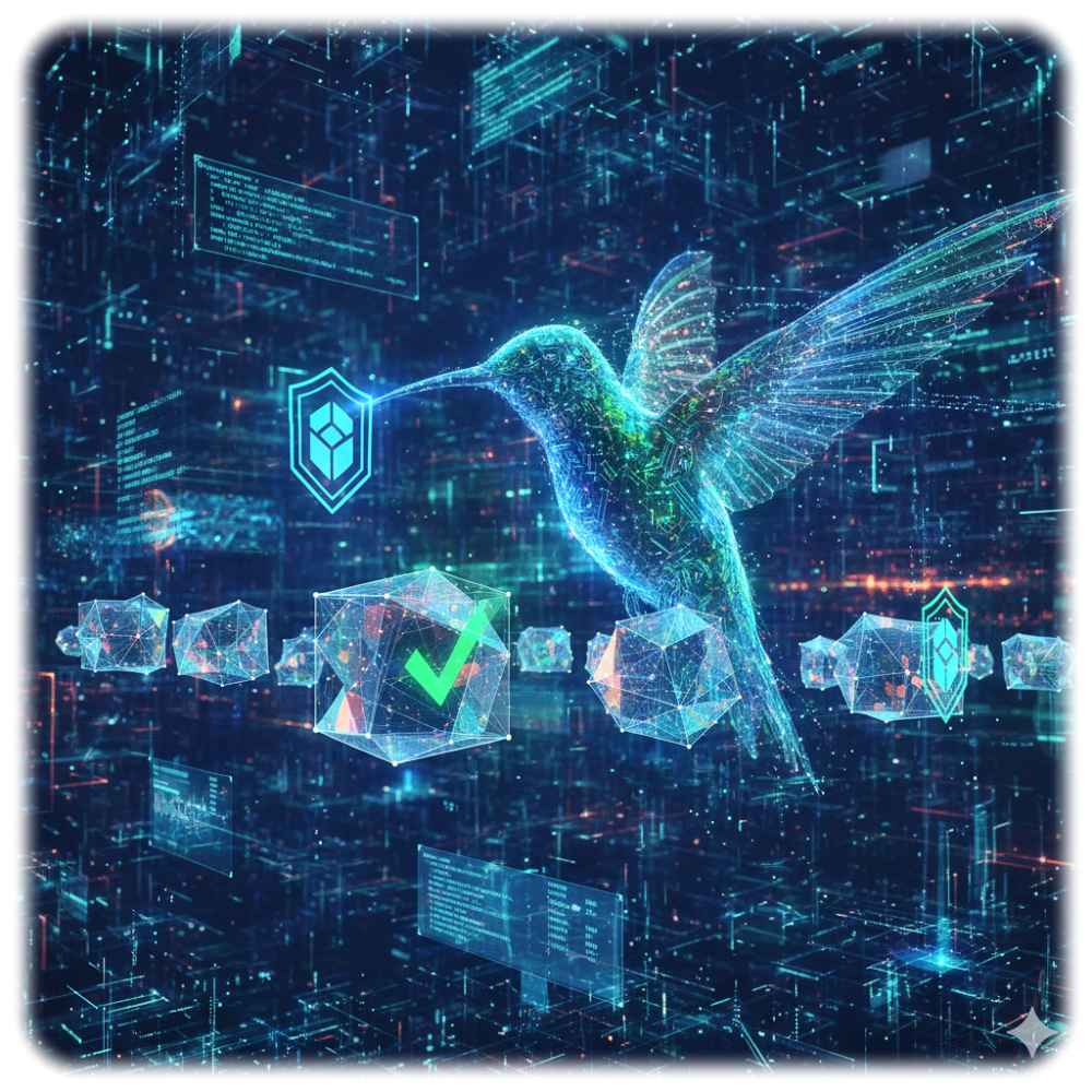 Ein digitaler Kolibri aus Mittweida soll mit Krypto-Stempeln dezentrale Sicherheits-Überprüfungen von Daten ermöglichen. Visualisierung: KI Gemeni, Prompt: Heiko Weckbrodt