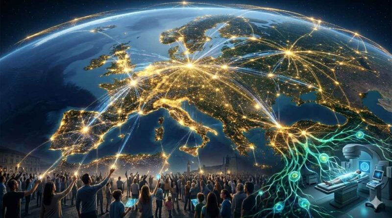 Projekt "Community" zielt auf disruptive Kommunikations- und Computer-Technologien für Europa, die Privatnutzern, Patienten, aber auch Industriebetrieben künstliche Intelligenz-Leistungen verfügbar machen sollen, die sonst nur die Tech-Milliardäre in Übersee direkt anzapfen können. Visualisierung: KI Gemini, Prompt: Heiko Weckbrodt