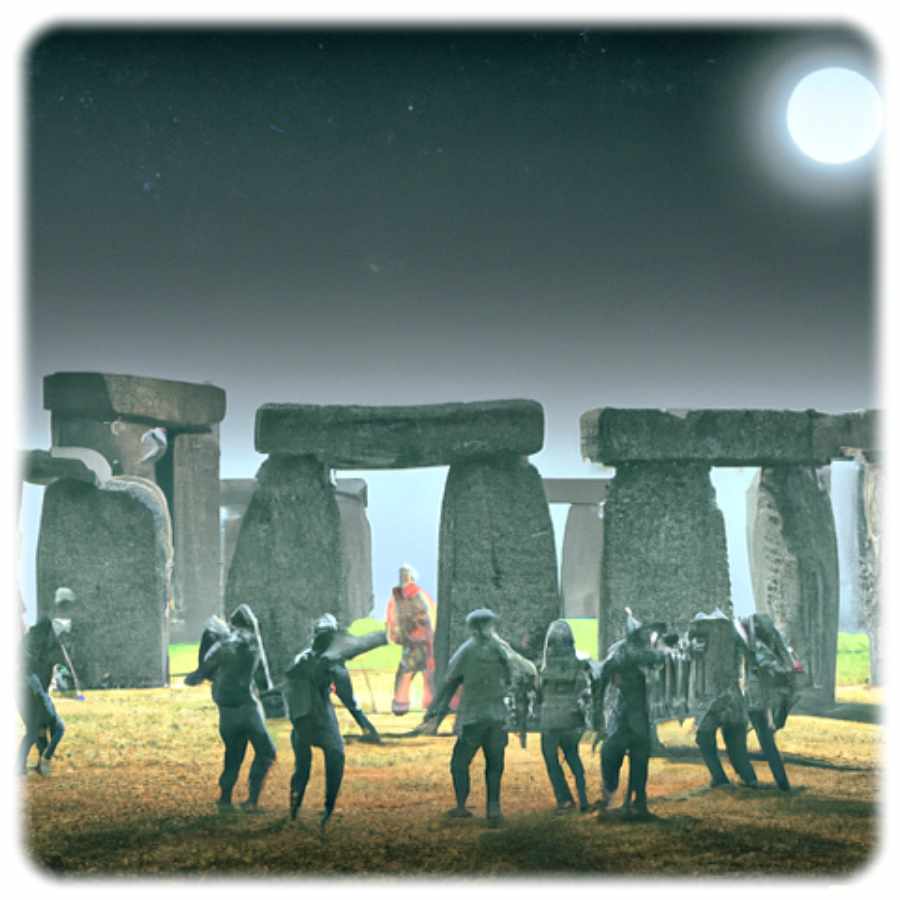 Mit der Beschreibung "photorealistic picture of zombies dancing around stonehenge at night time" gewann Kim Rasche die Finalrunde, in der alte Geister aus dem "latenten Raum" zu beschwören waren. Abb.: Dall-E / Kim Rasche, Prompt Battle  