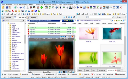 Zeigt nicht nur Dateien im Mehrfenster-Modus an, sondern ist auch als Bild-Verwalter geeignet: Der Dateicommander 15. Abb.: Christian Lütgens